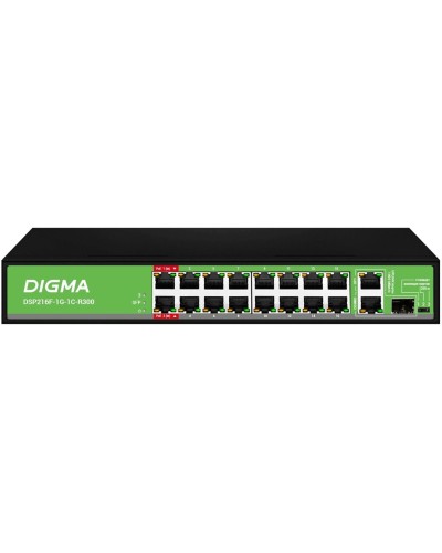 DSP216F-1G-1C-R300 (L2) 16х100Мбит/с 1х1Гбит/с 1хКомбо(1000BASE-T/SFP) 16PoE 16PoE+ 2PoE++ 300W. Коммутатор с питанием по PoE. Digma в Стерлитамаке