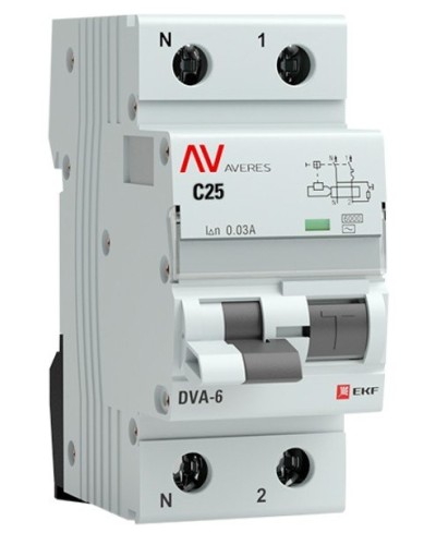 DVA-6 1P+N 25А (C) 30мА (AC) 6кА  AVERES (rcbo6-1pn-25C-30-ac-av). Автоматический выключатель дифференциального тока. EKF в Стерлитамаке