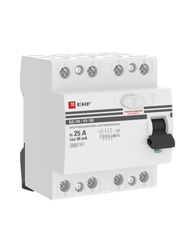 УЗО ВД-100 4P 25А 30мА тип AC эл-мех  PROxima (elcb-4-25-30-em-pro). Выключатель дифференциального тока (УЗО). EKF в Стерлитамаке