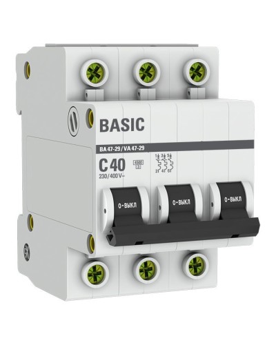 Автоматический выключатель 3P 40А (C) 4,5кА ВА 47-29 Basic (mcb4729-3-40C). Автоматический выключатель. EKF в Стерлитамаке