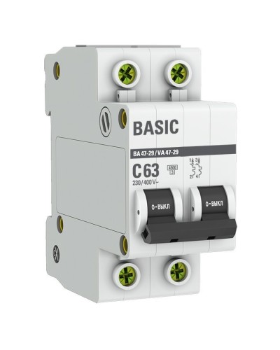 Автоматический выключатель 2P 63А (C) 4,5кА ВА 47-29 Basic (mcb4729-2-63C). Автоматический выключатель. EKF в Стерлитамаке