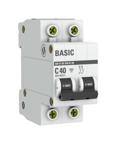 Автоматический выключатель 2P 40А (C) 4,5кА ВА 47-29 Basic (mcb4729-2-40C). Автоматический выключатель. EKF в Стерлитамаке