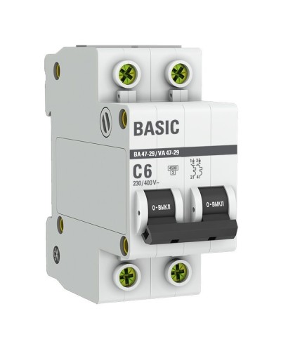 Автоматический выключатель 2P 6А (C) 4,5кА ВА 47-29 Basic (mcb4729-2-06C). Автоматический выключатель. EKF в Стерлитамаке