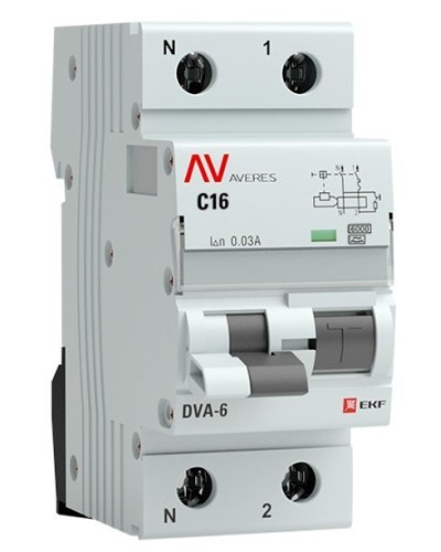 DVA-6 1P+N 16А (C) 30мА (AC) 6кА  AVERES (rcbo6-1pn-16C-30-ac-av). Автоматический выключатель дифференциального тока. EKF в Стерлитамаке