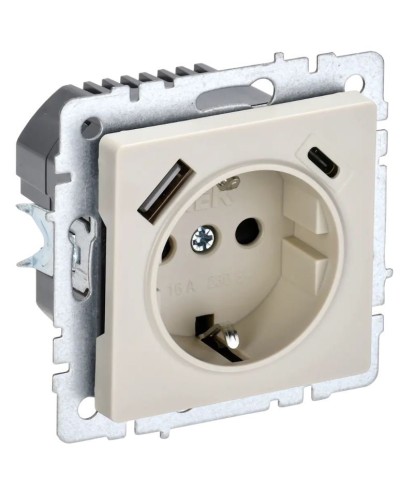 Розетка с з/к с USB A+C 18Вт РЮш11-1-БрКр бежевый BRITE (BR-R14-16-U22-018-K10). Розетка с заземлением с защитными шторками, 18Вт. IEK в Стерлитамаке