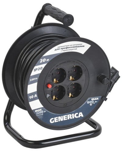 УК20 4 места 2P+PE, 20м GENERICA (WKP10-10-04-20-G). Удлинитель на катушке с термозащитой, 3х1,0кв.мм. IEK в Стерлитамаке