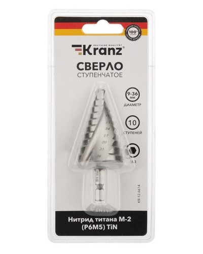 Сверло по металлу ступенчатое ТИТАН 9,0-36,0 мм 110 mm 65 HRC Р6М5 TiN Kranz (KR-12-6614): Сверло по металлу шлифованное в Стерлитамаке