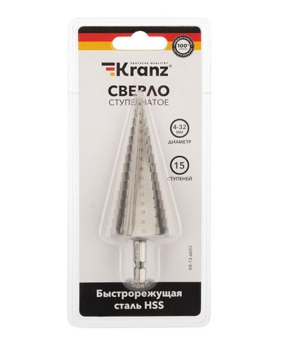 Сверло по металлу ступенчатое 4,0-32,0 мм 102 mm 62 HRC Kranz (KR-12-6603): Сверло по металлу шлифованное в Стерлитамаке